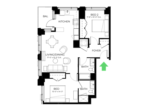 Floor plan for 2 beds, 2 baths, 1019 sqft
